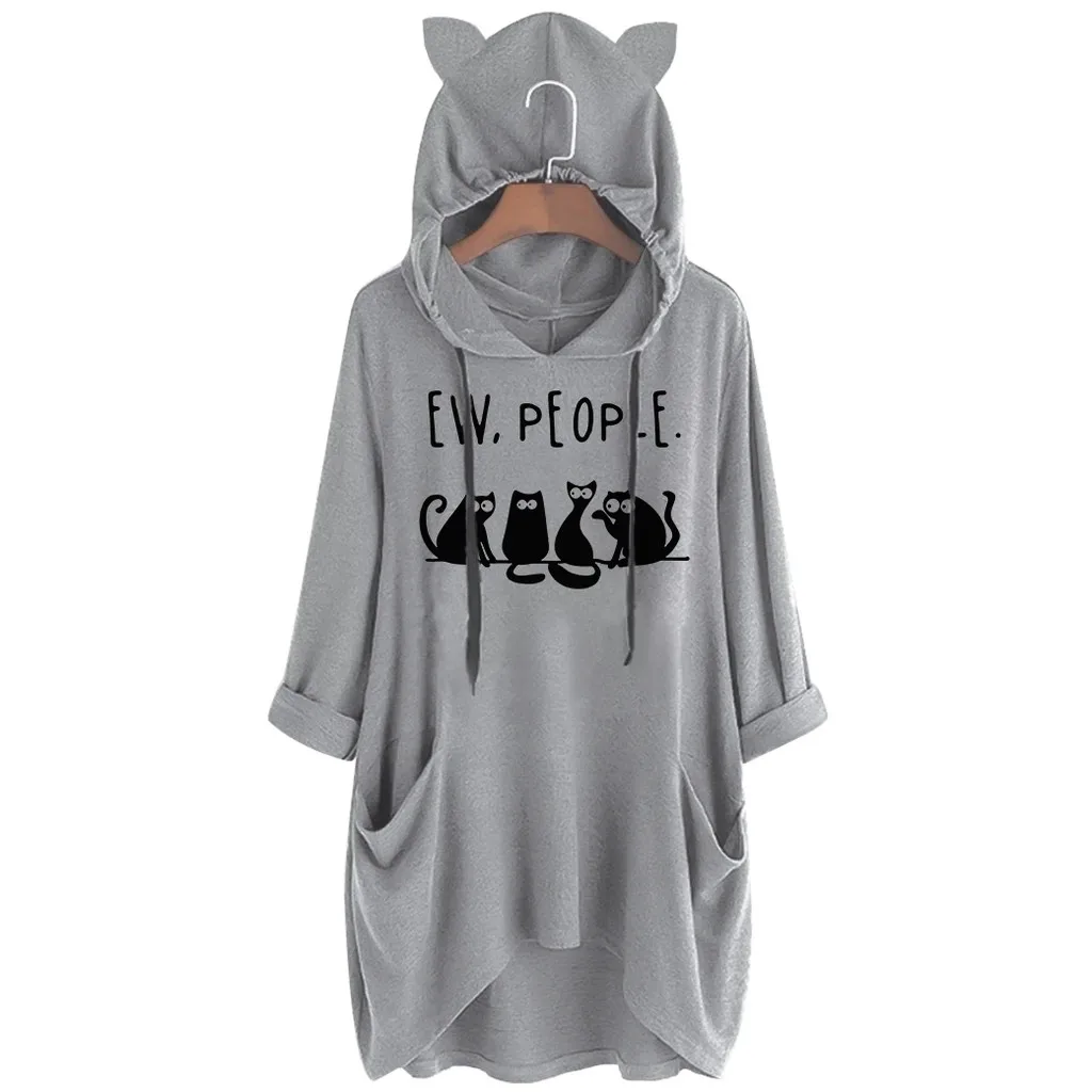 Plus Size Women Hoodies kawaii Cat Ears Hooded Sweatshirt Casual Loose With Pockets Hoody Pullover Long Sleeve Printed Sudadera