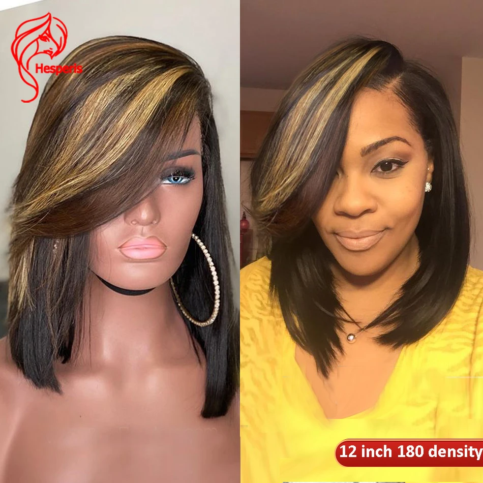 Hesperis 13x4 Highlight Bang Wigs Colored Brown Honey Blonde Short Bob Lace Front Human Hair Wigs Remy 360 Lace Frontal Wigs