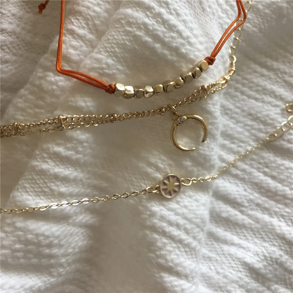 Trendy Gold Color Horn Cubic Bead Strand Natural Sea Shell Drop Layered Cord Chain Colorful Star Tassel Anklet Or Bracelet