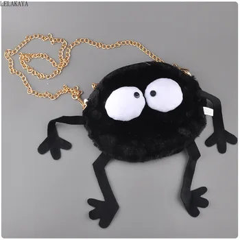 

Totoro Lovely Fairydust Girls Soft Plush Stuffed Cartoon Black Zipper Creative Shoulder Crossbody Bag Travel Chain Bags 22*18cm
