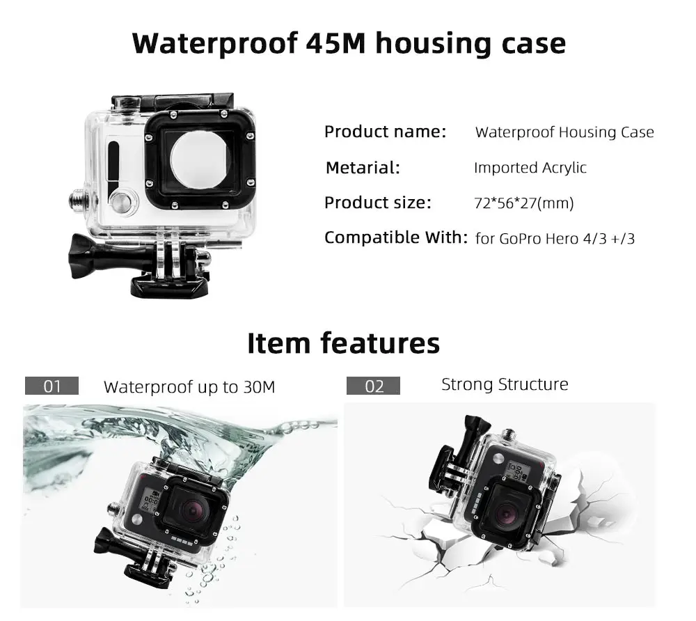 Для Gopro Hero 4/3 +/3 Аксессуары для спортивной экшн камеры 45 м подводный