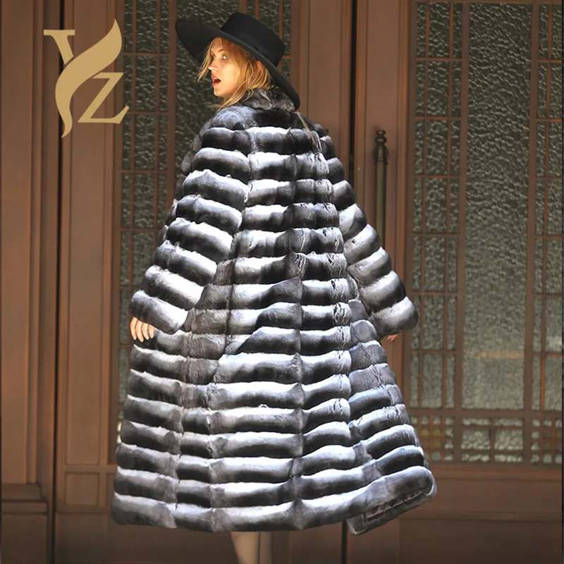 Hot Women Real Fur Coat Stand-Collar Rex Rabbit Jacket Full Pelt Fur Chinchilla Color Winter Thick Warm Women Coat