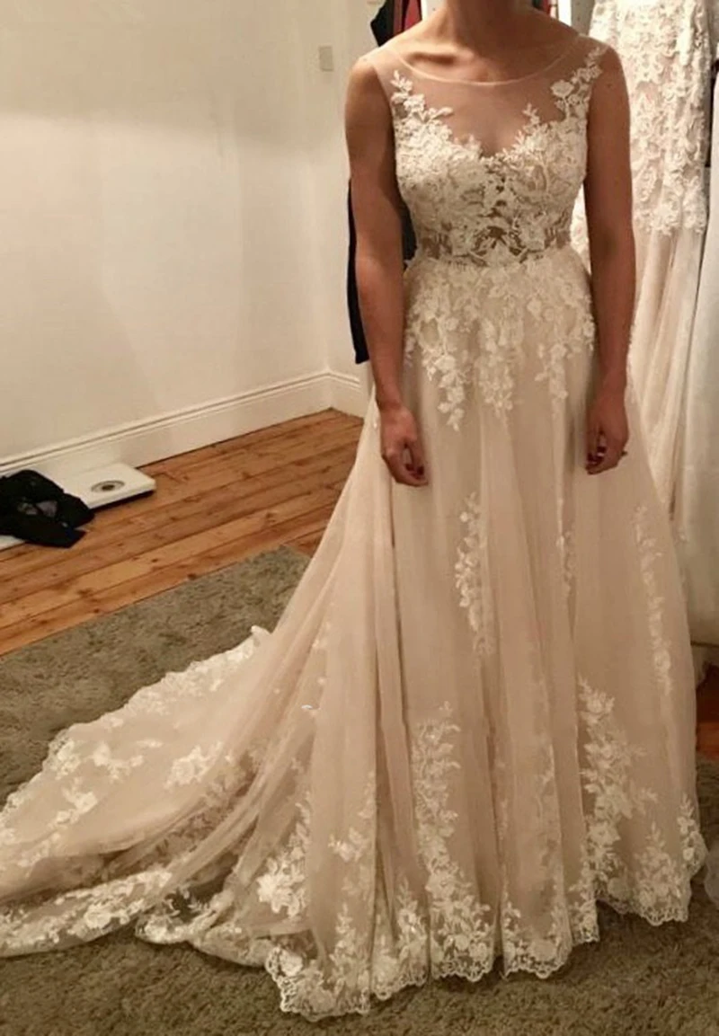 

Romantic A Line Wedding Dresses 2020 Lace Applique Sleeveless Vestido De Noiva Custom Made Scoop Bridal Dress Back Button