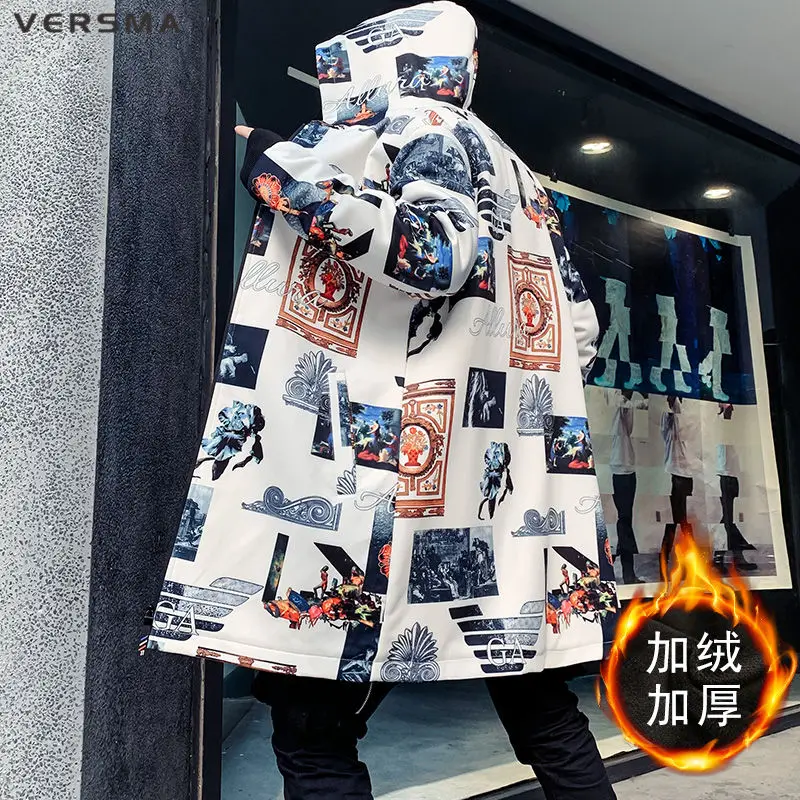VERSMA Japanese Harajuku Print Vintage Mens Hooded Trench Coat Overcoat Men Hip Hop Winter Gothic Clothing Men 5XL