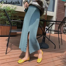 Colorfaith Новинка осенне-зимние женские вязаные юбки с разрезом и пуговицами, женские бедра, высокая талия, Повседневная мода Midi SK7034