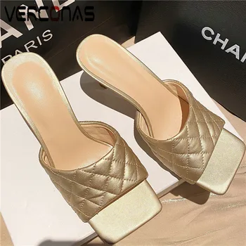

VERCONAS Women Thin Heels Slippers Shallow Brand Design Casual Shoes Sandals High Heeled Summer Square Toe Concise Shoes Woman