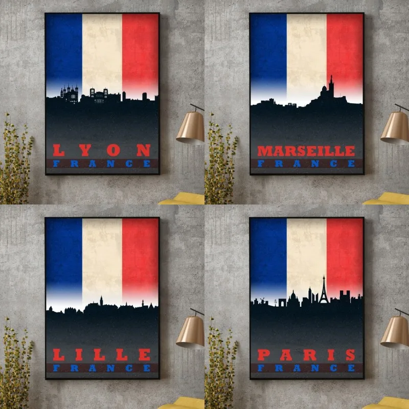 Lille Lyon Marseille Paris France flag city skyline poster canvas art prints home decor | Дом и сад