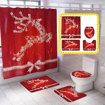 

GloryStar Christmas Elk Printing Shower Curtain Non-Slip Rug Toilet Lid Cover Bath Mat for Bathroom