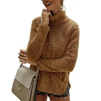 

Trendy Casual Thick Sweater Women Winter Warm Sweater Long Sleeve High Neck Pockets Pullover Knitting Sweater Women sweater