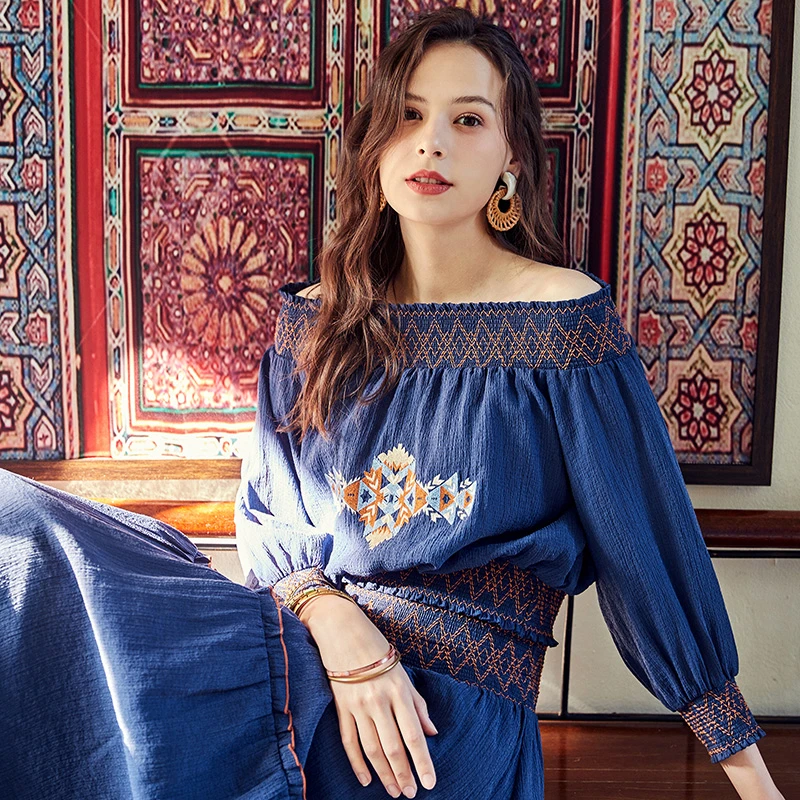 women's shirts & tops ARTKA 2020 Spring New Women's Blouse Vintage Indie Folk Embroidery Blouse Off Shoulder Top Shirt Skirt Set Long Skirt SA20408C blouses & shirts