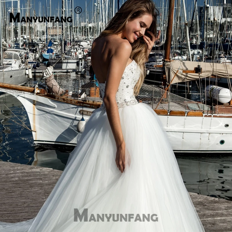Свадебное платье без бретелек Vestido Noiva Бохо кристаллы ремень с бисером свадебное платье Романтический Тюль бальное платье Свадебные платья