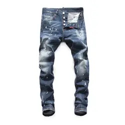 Европейский Американский стиль известные Брендовые мужские джинсы модные уличные рваные состаренные джинсы тонкие синие джинсы мужские