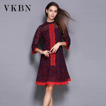 

VKBN 2020 Spring and Autumn New Women Dress Three Quarter O-Neck Red Lace Dress Elegant Vestidos De Fiesta