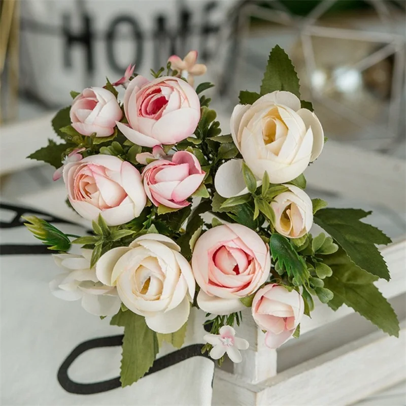 Искусственная чайная роза, Шелковый букет цветов для дома, свадебное украшение, европейская дешевая ваза, украшение стола, искусственные цветы