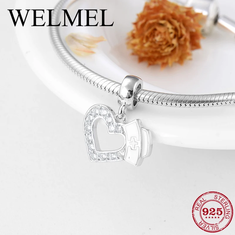 Save love 925 Sterling Silver Heart with Nurse Hat Enamel Charms fine Pendants Fit Original Pandora Charm Bracelet Jewelry 2021 | Украшения