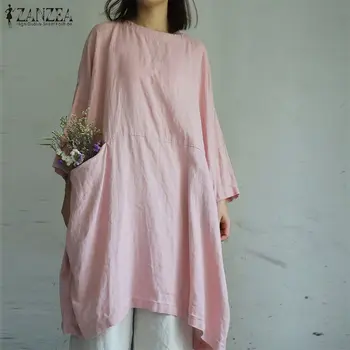 

Spring Dress Women Vintage Long Sleeve Loose Sundress ZANZEA Summer Cotton Linen Midi Dress Casual Solid Party Vestido Tunic Top