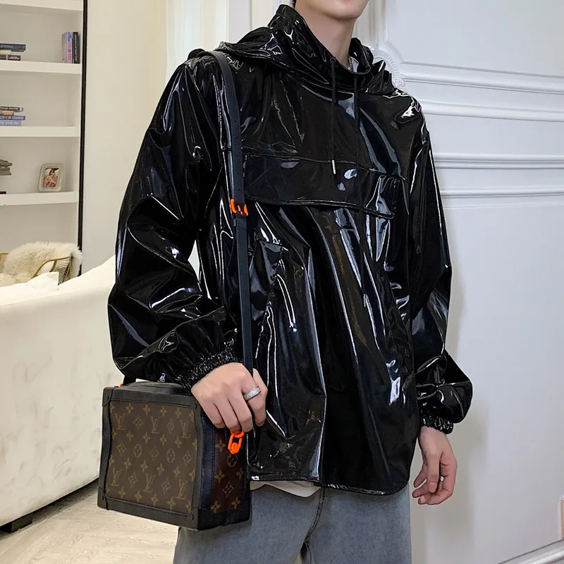 

Autumn New Men Hooded Pullover Leather Jacket Coat Male Streetwear Hip Hop Casual Black Bright Leather Jacket Outerwear