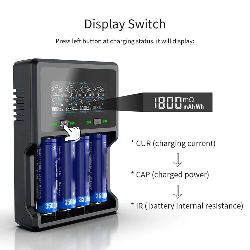 

LCD Display VC4S Battery Charger Black 4-way Li-ion Ni-MH Fast Charger USB Cable for 10440/14500/14650/16340/17335/17500/18650