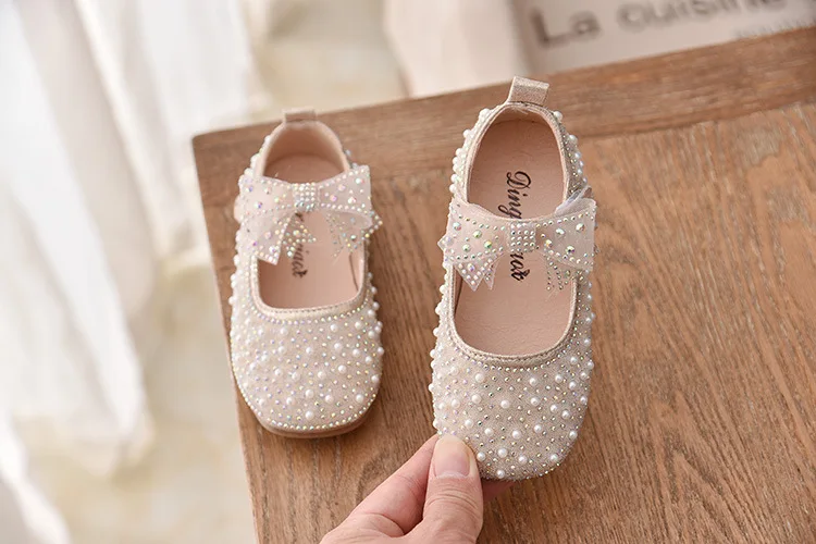 New Girls Single Princess Shoes Pearl Shallow Children's Flat Shose Kid Baby Bowknot Shoes 2022 Spring Autumn B207