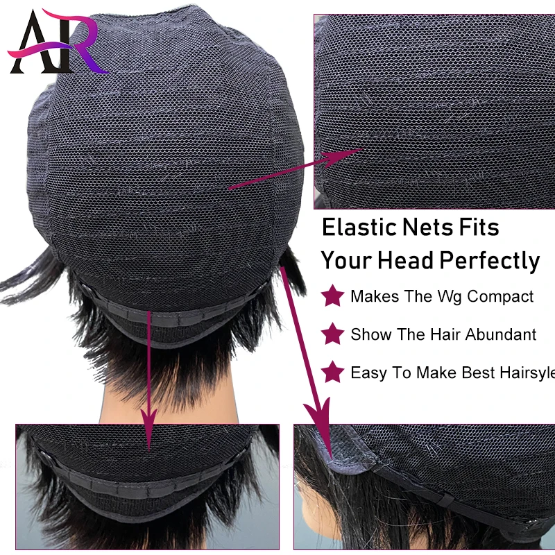 Perucas de Cabelo Brasileiro para Preto Humano Curto Pixie Corte Reto Remy Cabelo Feminino Máquina Feita Destaque Cor Peruca Barata 196 Apliques e perucas