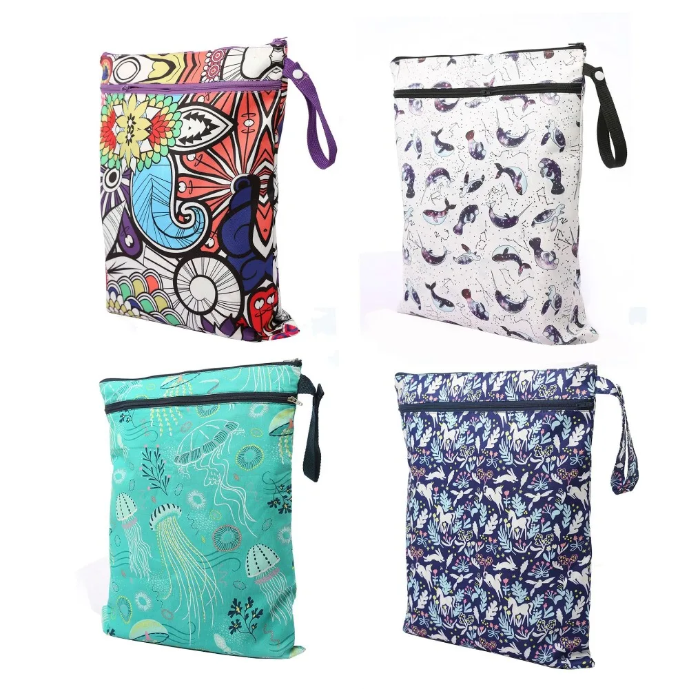 

Waterproof Reusable Wet Bag Cartoon Printed Pocket Nappy Bags PUL Travel Wet Dry Bags Size 41*33cm Double Zippers Diaper Bag