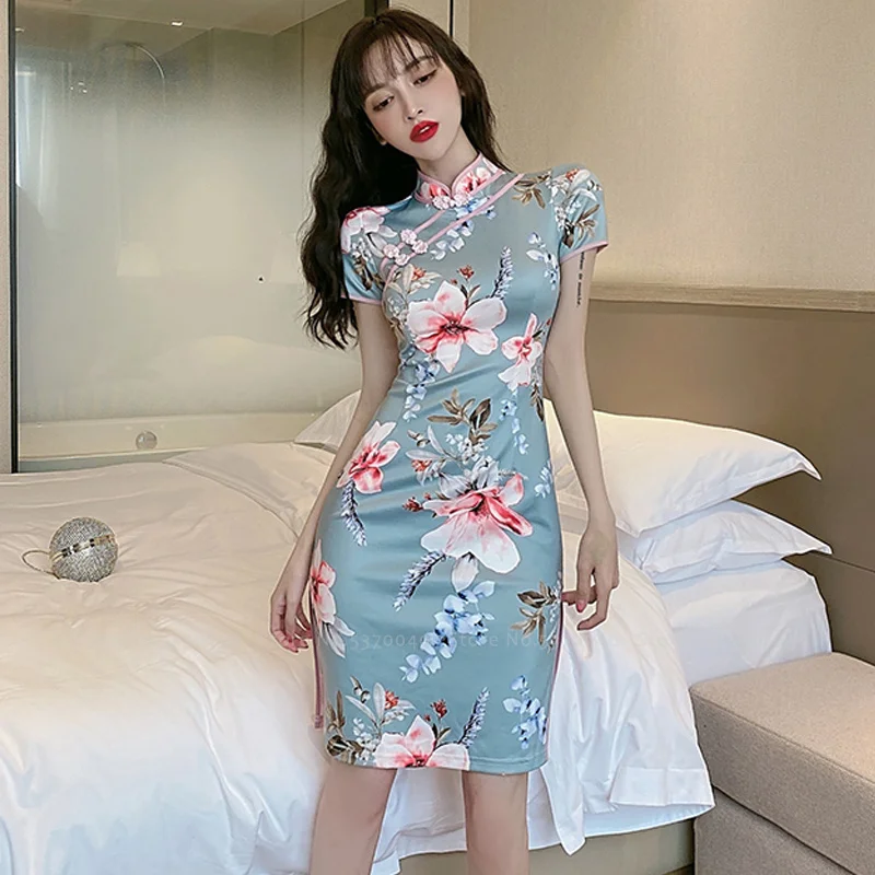 Women Retro Chinese Style Floral Printed Cheongsam Sexy Club Bodycon ...