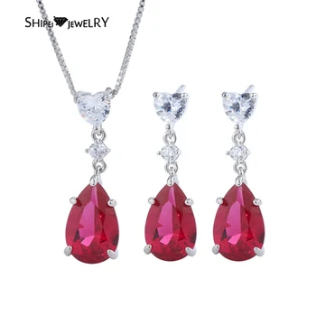 

Shipei 925 Sterling Silver Water Drop Ruby Created Moissanite Gemstone Earrings/Pendant/Necklace Wedding Engagement Jewelry Sets
