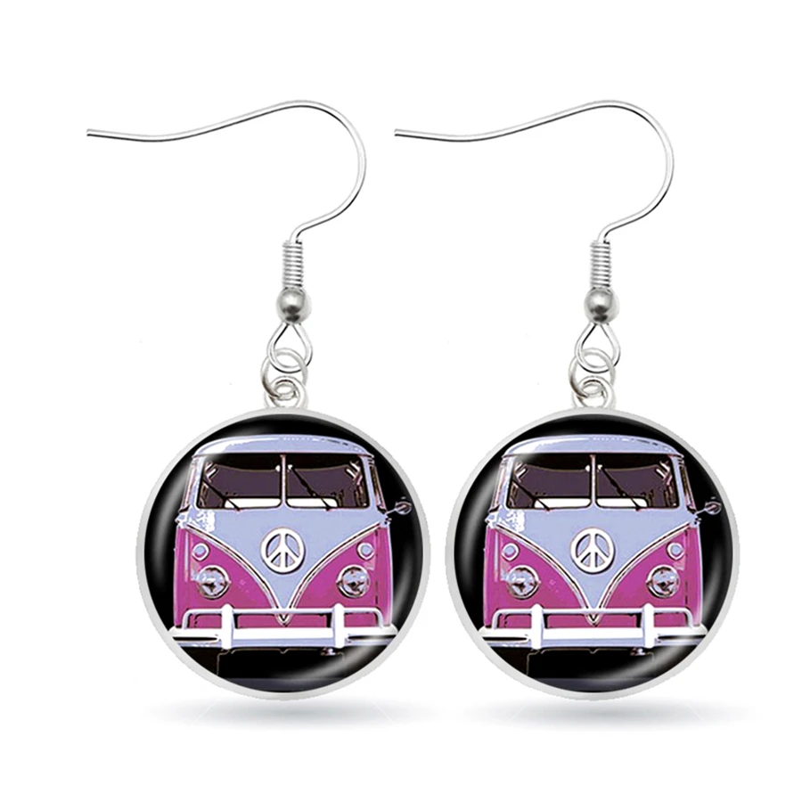 Дизайн знак мира Ван автобус серьги Мода Серебряный цвет стекло кабошон хиппи