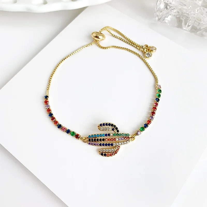 color cactus crystal Золотой браслет Evil Eye для женщин CZ Радуга Турецкая медь инкрустация Циркон Кристалл Браслет С КАКТУСОМ девушки ювелирные изделия ручной работы подарок - Окраска металла: color cactus crystal