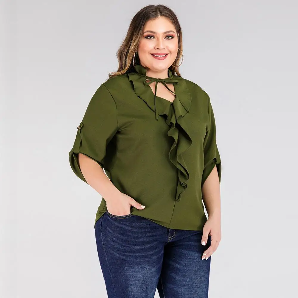 fashion summer plus size tops for women blouse large short sleeve casual loose lace V neck shirt army green 4XL 5XL 6XL 7XL