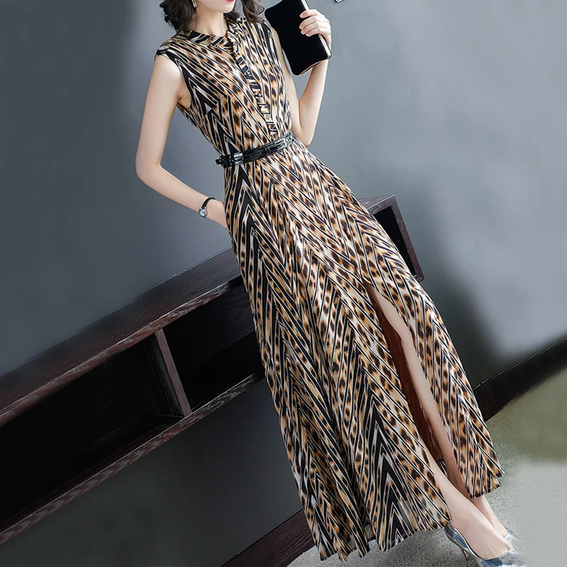 

Elegant Women Print Dress with belt Summer Female Midi Dress Office Lady A-line Long Dress 2019