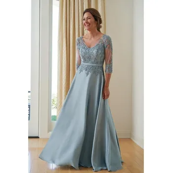 

Light Blue Satin 3/4 Sleeves Mother Of The Bride Dress A-line V-neck Appliques Beaded Long Evening Dress Mother Gown For Wedding
