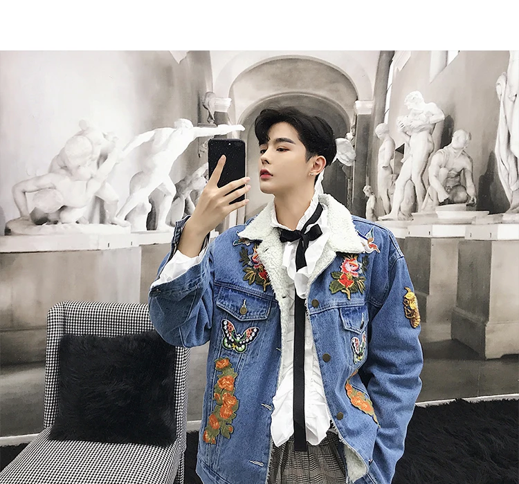 EWQ / New Fashion Short Embroidered Velvet Denim Jacket Men Loose Casual Chinese Style Chamarra De Mezclilla Dama 9A169