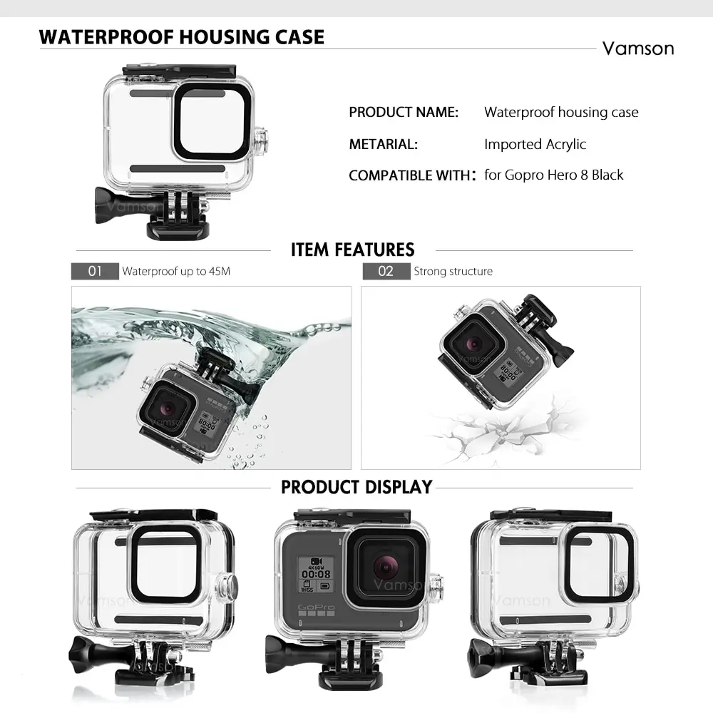 Vamson для GoPro Hero 8, черный, аксессуары для GoPro, водонепроницаемый чехол, Сетчатая Сумка для переноски, фильтр для GoPro 8, Экшн-камера VS30