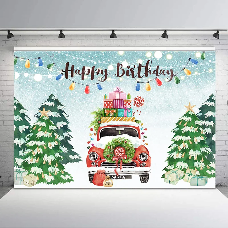 

Christmas Theme Happy Birthday Backdrop Red Car Gift Photography Backdrops Winter Snow Dessert Table Banner Decorations Props