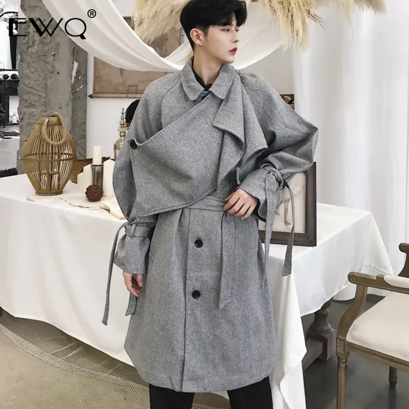 EWQ/ Новые Модные осенние длинные персональные Необычные коллаж Мужская шерстяная куртка с поясом Свободные повседневные Abrigo Hombre 9A171