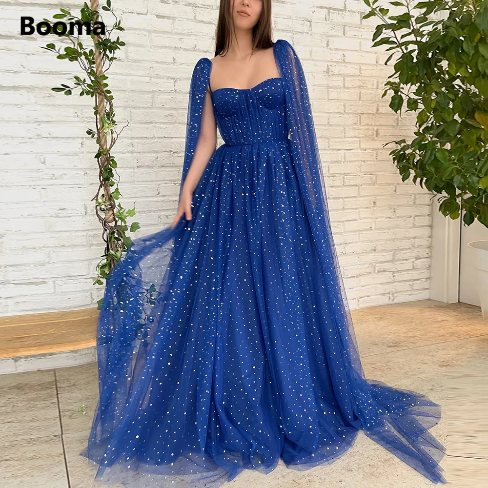 Women Prom Dresses Booma Sparkly Royal Blue Starry Tulle Long Cape Sleeves Sweetheart A-Line Formal Party Dresses Evening Gowns women prom dresses