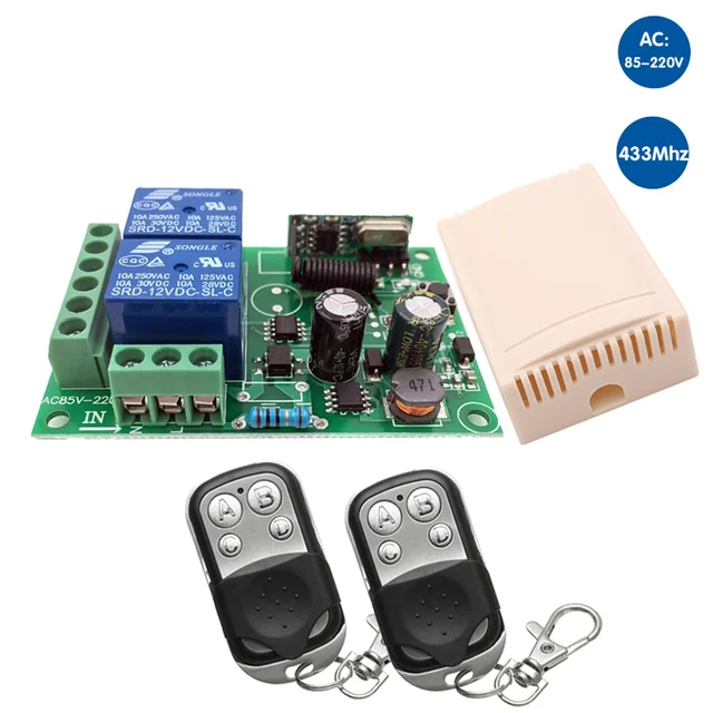 Universal Wireless Remote Control 433MHz AC220V 2CH RF Relay Receiver and Transmitter for Universal Garage door and gate Control 1RC 2B