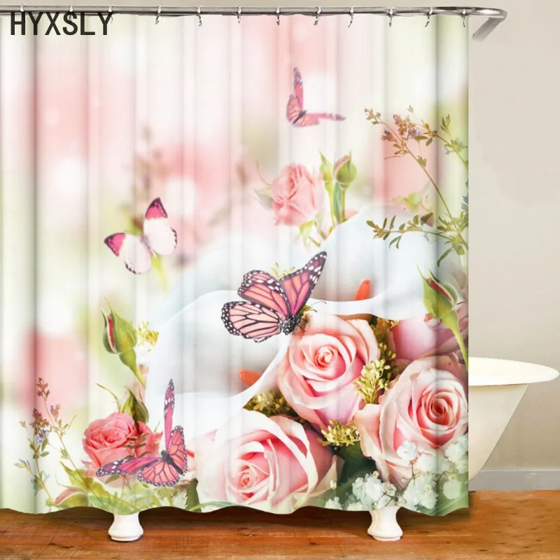 Butterfly on Pink Rose Shower Curtain Bathroom Waterproof Polyester Fabric 