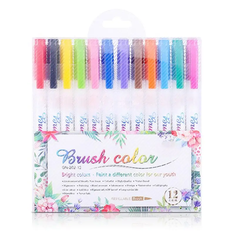 

12 Fluorescent Colors Calligraphy Marker Brush Pens Large Regular Script Drawing