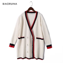 REJINAPYO Весна новое поступление женский черный контрастный белый вязаный свитер Жемчужное Украшение пуговицы длинный открытый стежок v-образный вырез