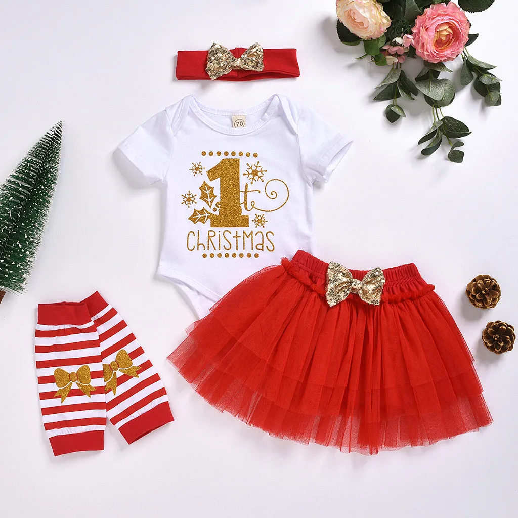Одежда для рождественских праздников; комплект одежды для маленьких девочек; комбинезон с надписью; юбка-пачка; гетры; повязка на голову с бантом; рождественские наряды; vetement fille; Gh4