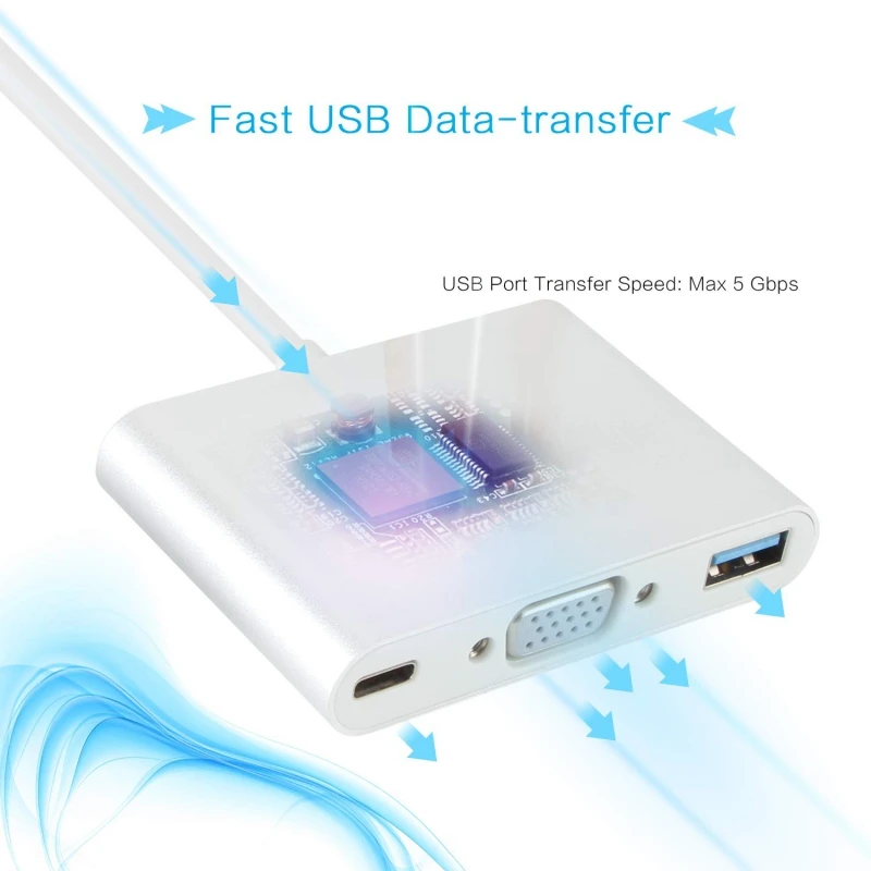 Адаптер 3 в 1 с разъемом type-C на VGA с несколькими портами USB 3,0 4K для зарядки