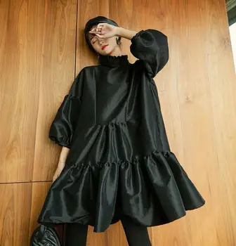 

Women's spring autumn lantern sleeve ball grown dress female casual vintage plus size loose black dress TB700