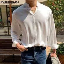 INCERUN – chemise ample à col montant pour homme, chemise à manches longues, de Style japonais et coréen, de couleur unie, confortable, nouvelle collection 2021, S 3XL