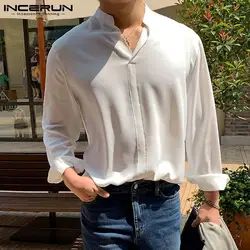 Incerun camisa masculina com gola solta, camisa de manga longa com gola solta, confortável, estilo japonês, novo, 2021