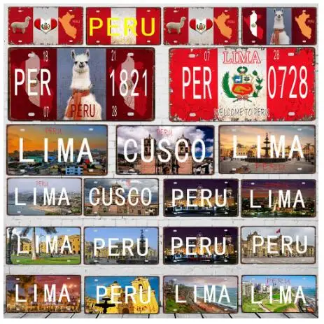 Peru Lima Cusco Car License Metal Pate Tin Sign Retro Rusted  Art Craft Wall Poster Decor For Bar Garage Home Decoration Plaques