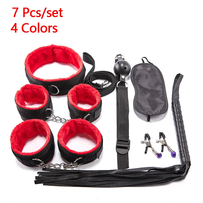 

7pcs/set Restraints Bed Bondage BDSM Kits Handcuffs Whip Gag Collar Eye Mask Adults Games Exotic Sex Toys For Women Couples