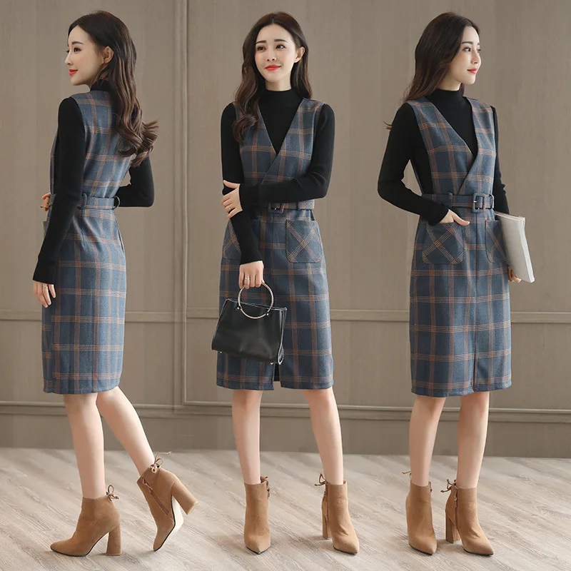 

2019 Autumn And Winter Suspender Strap Dress Outfit Mid-length Plaid A- line Skirt Waist Hugging Slit Base Dress Women's Two-Pie