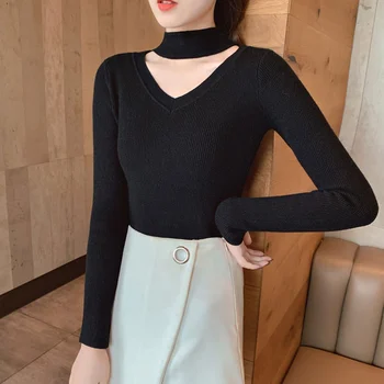 

Autumn And Winter New Korean Half-high V-neck Long-sleeved Solid Color Temperament Sweater Slim Knit Bottoming Shirt W2